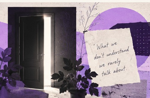 Redaktionellt collage med en öppen dörr, en kruka med blad och en handskriven lapp med den engelska texten ”What we don’t understand we rarely talk about”